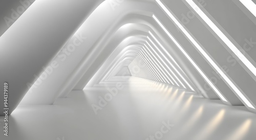 white futuristic background with a long triangular corridor, glowing lines, and light effects.