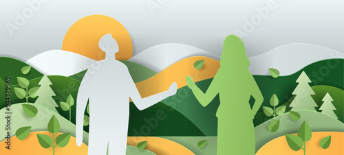 Two people discussing sustainability in nature paper cut style landscape with sun hills trees leaves green tones