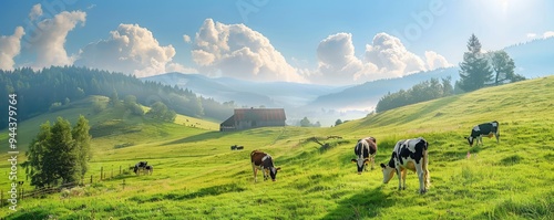 Field with cows grazing on grass under bright blue sky