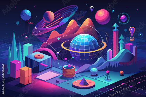 Digital seamless mathematical formulas. Abstract digital futuristic background with math, physics symbols and mesh network grid. 3D illustration in 4K science concept
