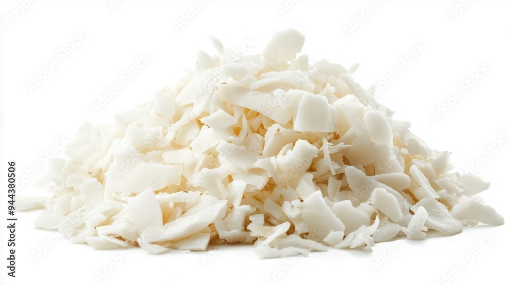 A pile of coconut flakes closeup view A pile of coconut flakes closeup view