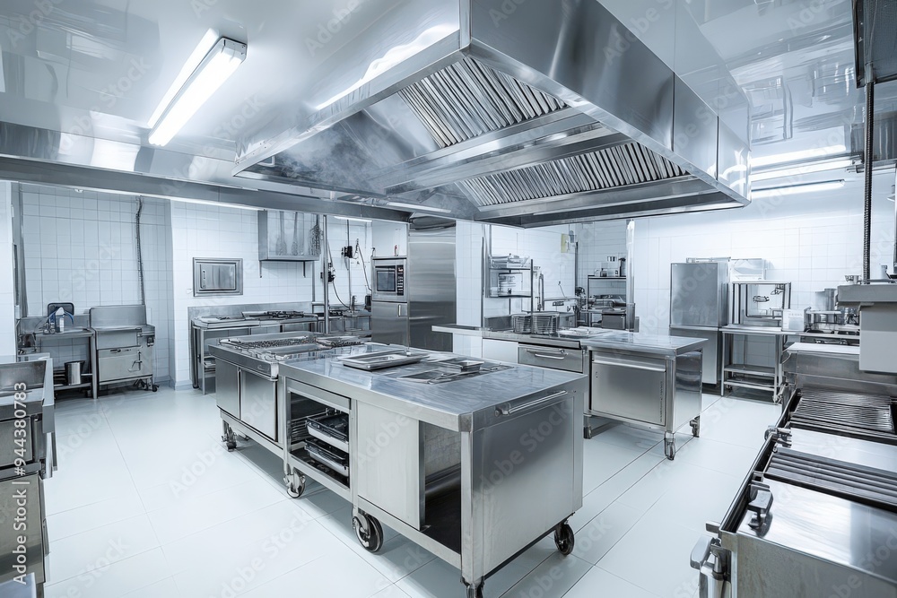 © shobakhul - A large commercial kitchen with stainless steel appliances, generative ai image