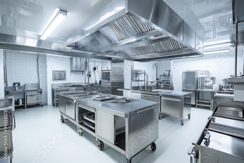 A large commercial kitchen with stainless steel appliances, generative ai image