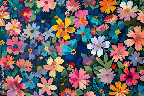 A colorful painting of flowers with a variety of colors and sizes