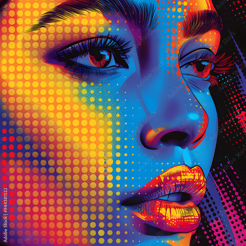 In this eyecatching pop art style portrait, a womans face is depicted with vivid colors and distinctive dot patterns, resulting in a lively and energetic digital artwork In this eyecatching pop art style portrait, a womans face is depicted with vivid colors and distinctive dot patterns, resulting in a lively and energetic digital artwork
