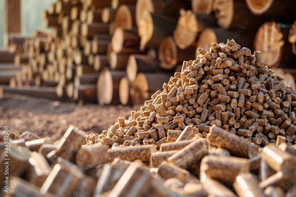 A pile of wood chips sits on the ground next to a pile of logs A pile of wood chips sits on the ground next to a pile of logs