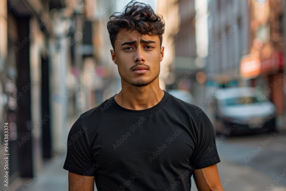 A man in a black shirt stands on a city street A man in a black shirt stands on a city street