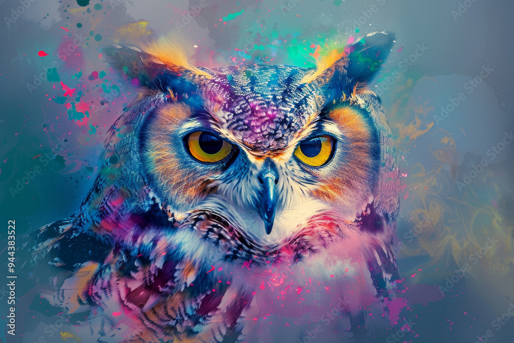 A colorful owl with a yellow eye is the main focus of the image A colorful owl with a yellow eye is the main focus of the image