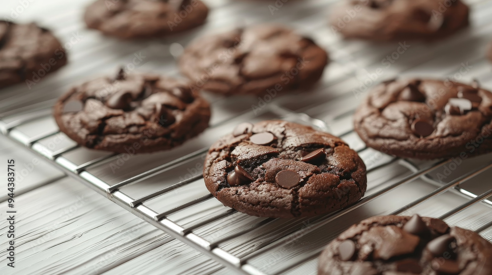 A rack of chocolate chip cookies on a white table A rack of chocolate chip cookies on a white table