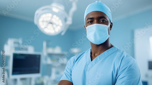 African male surgeon in surgical scrubs and mask preparing for surgery in sterile operating room