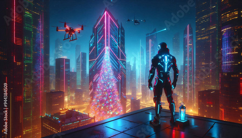 A superhuman stands toward a future tower structure in the next 1000 years photo