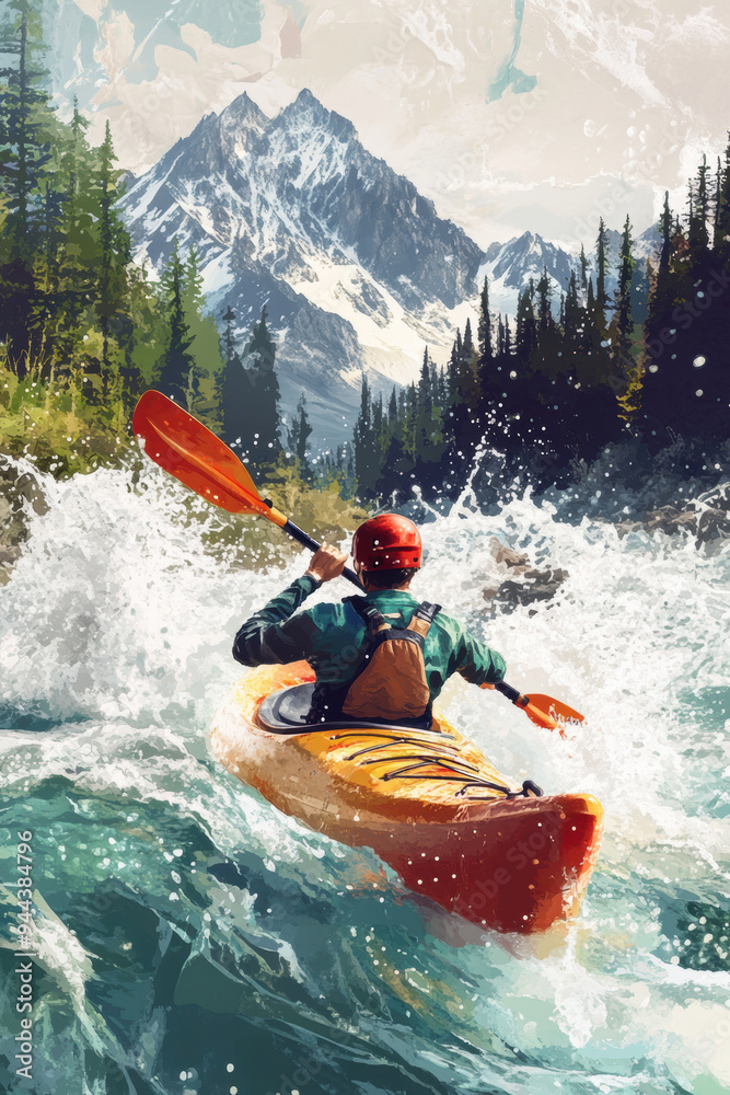 A kayaker rafting struggling with water splashes in boat in rapid river in mountain A kayaker rafting struggling with water splashes in boat in rapid river in mountain