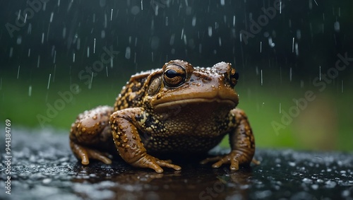 Close-up of a toad in the rain photo