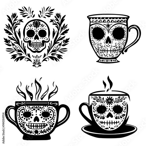 black and white icon illustration of day of the dead, about day of the dead