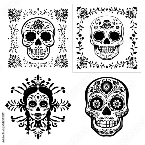 black and white icon illustration of day of the dead, about day of the dead
