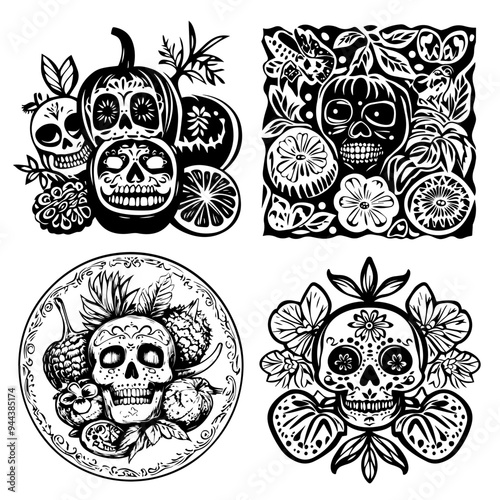 black and white icon illustration of day of the dead, about day of the dead