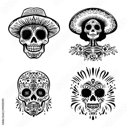 black and white icon illustration of day of the dead, about day of the dead
