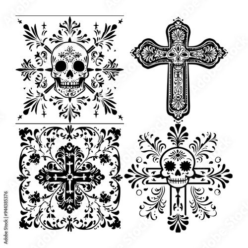 black and white icon illustration of day of the dead, about day of the dead
