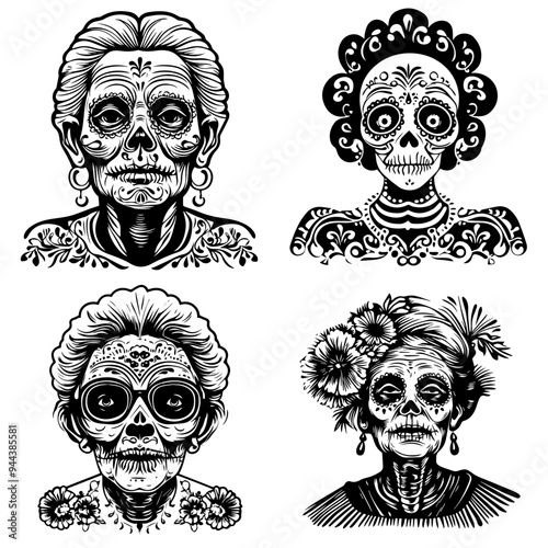 black and white icon illustration of day of the dead, about day of the dead