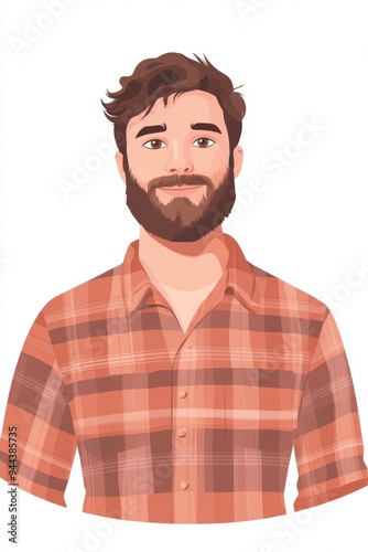 Cartoon illustration of a man's face with a beard wearing a plaid shirt looking at the viewer with a smile