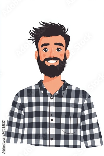 A cartoon image of a man with a brown beard, a mustache, and a plaid shirt smiling and looking directly at the viewer