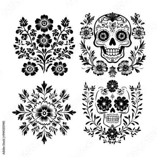 black and white icon illustration of day of the dead, about day of the dead