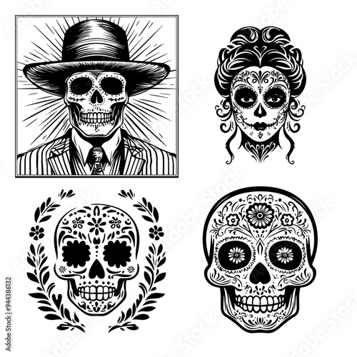 black and white icon illustration of day of the dead, about day of the dead