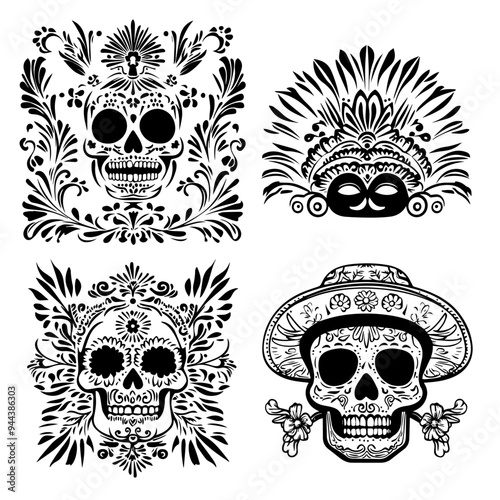 black and white icon illustration of day of the dead, about day of the dead