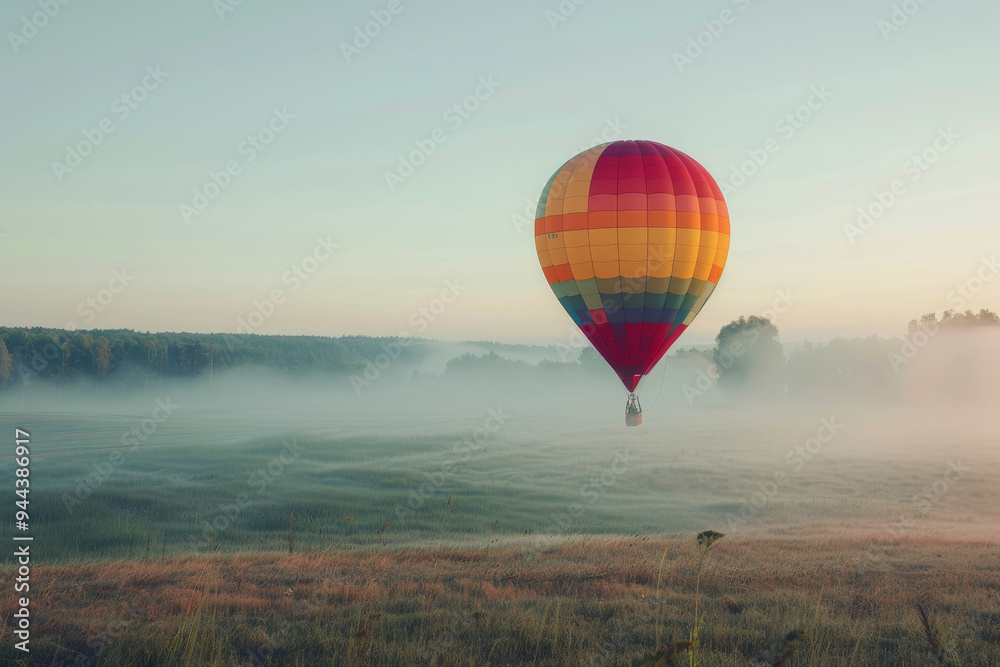 Fototapeta premium A hot air balloon is flying over a foggy field
