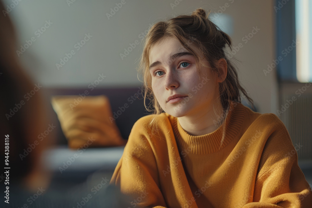 A girl in a yellow sweater is sitting on the floor and looking at the camera A girl in a yellow sweater is sitting on the floor and looking at the camera