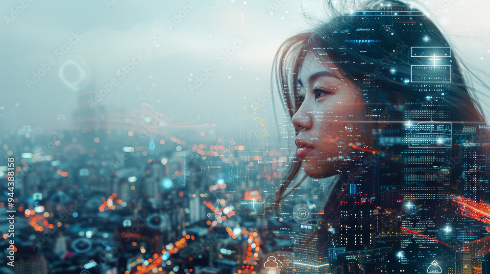 A woman is looking out over a city at night A woman is looking out over a city at night