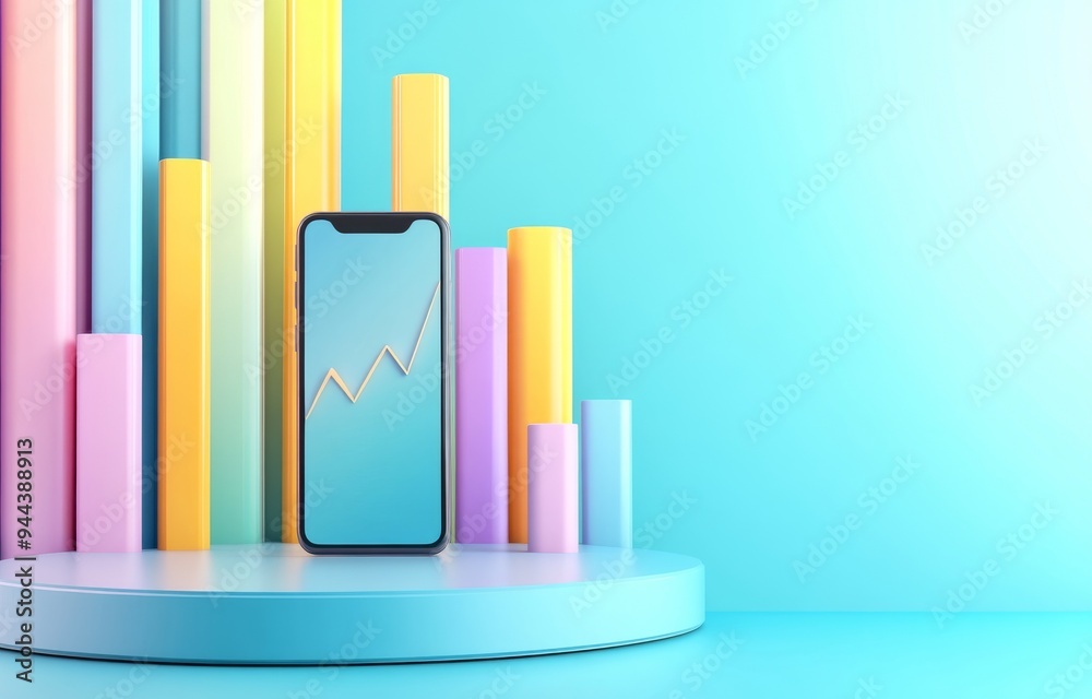 bar chart on a phone, in a minimalistic style with simple shapes and pastel colors on a blue background. bar chart on a phone, in a minimalistic style with simple shapes and pastel colors on a blue background.