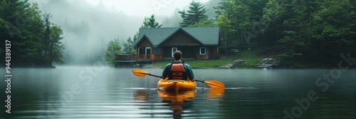 A man kayaking in still lake water with forest and lake house photo