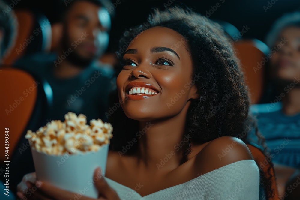 Happy friends enjoying a movie night, with focus on an african american woman eating popcorn. Happy friends enjoying a movie night, with focus on an african american woman eating popcorn.