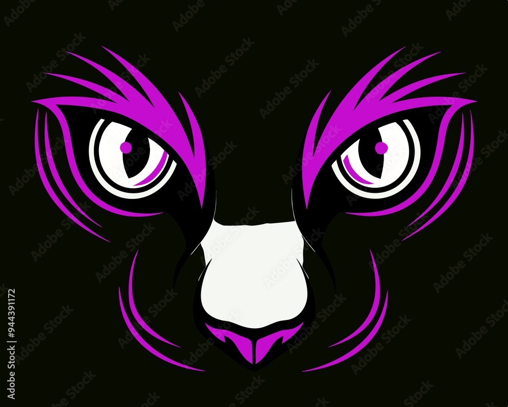 cat face. silhouette of a hand-drawn muzzle, with burning eyes, a panther cat in color on a black background cat face. silhouette of a hand-drawn muzzle, with burning eyes, a panther cat in color on a black background