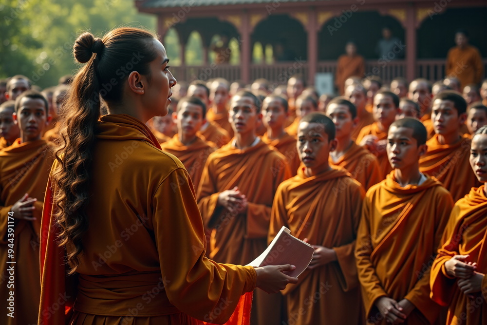 Fototapeta premium A woman stands among a group of monks, possibly in a religious setting