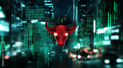 A vibrant red bull with glowing eyes, surrounded by towering green price bars, symbolizing aggressive market growth, with a blurred background of a bustling financial district. photo