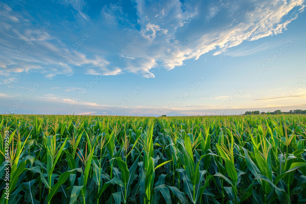 Obraz premium A field of corn is shown with a clear blue sky in the background