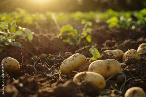 A field of potatoes with a single sprout growing in the dirt