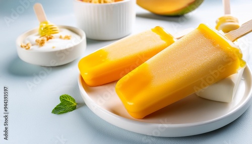 bright and summery mango yoghurt and honey cheesecake popsicles delightful stock photo photo