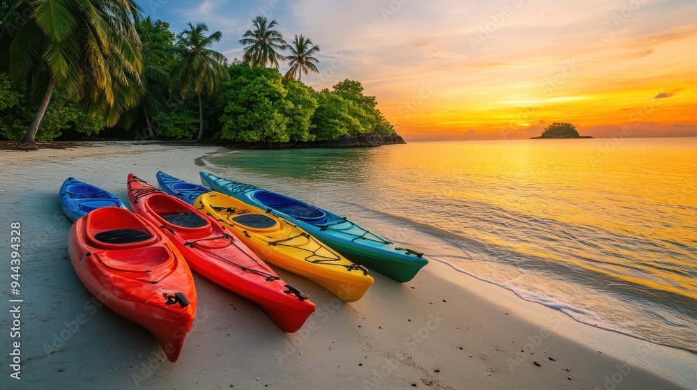 Kayak boat at tropical sea beach with coconut trees and colorful sunset Kayak boat at tropical sea beach with coconut trees and colorful sunset
