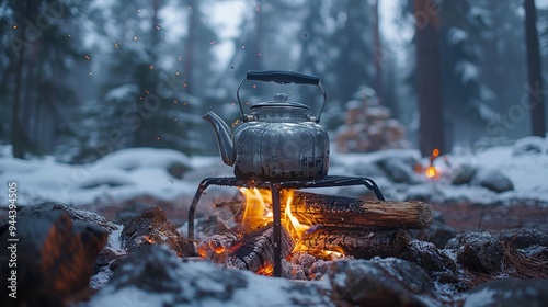 tea pot on cooking stand above campfire in snowy pine forest photo