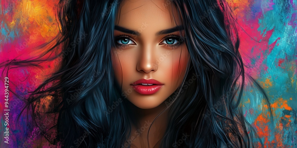 Obraz premium A mesmerizing portrait of a woman with long black hair against a vibrant, Portrait, Beauty, Long Hair, Artistic Background,