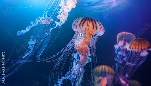 jellyfish move slowly in the depths of the sea photo