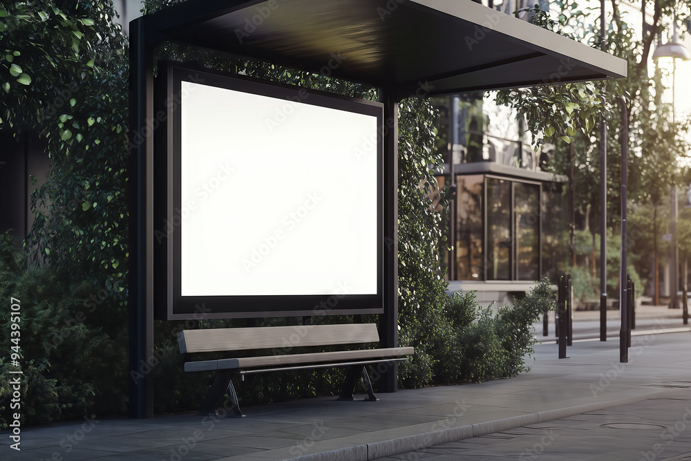 A serene bus stop featuring a blank billboard surrounded by lush greenery in an urban setting during the golden hour A serene bus stop featuring a blank billboard surrounded by lush greenery in an urban setting during the golden hour