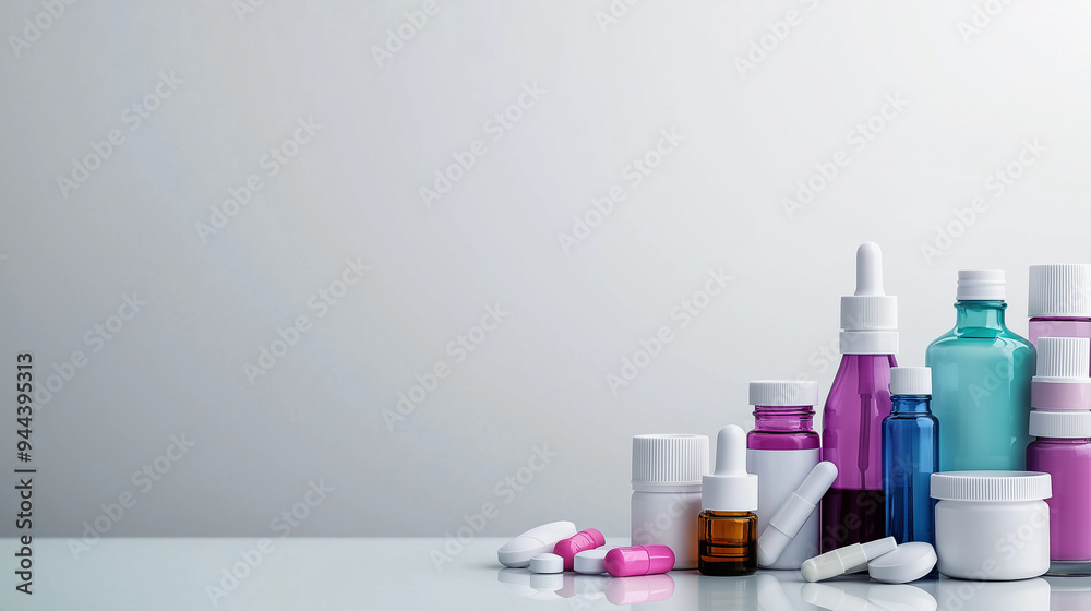 A collection of healthcare items, like pill dispensers, ointment tubes, and medicine droppers, displayed on a clean white background with room for text. A collection of healthcare items, like pill dispensers, ointment tubes, and medicine droppers, displayed on a clean white background with room for text.