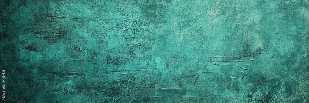 Fototapeta premium A textured teal surface exhibits a weathered look with abstract patterns and markings, creating a unique visual backdrop