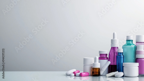 A collection of healthcare items, like pill dispensers, ointment tubes, and medicine droppers, displayed on a clean white background with room for text.