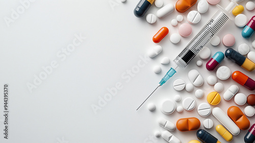 A combination of various drugs, such as tablets, capsules, and liquid syringes, on a white background, offering space for text on treatment and healthcare.