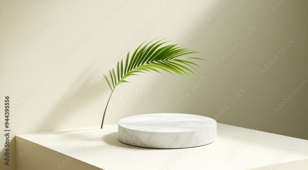 marble podium with a shadow and a palm leaf on a beige background for product presentation marble podium with a shadow and a palm leaf on a beige background for product presentation